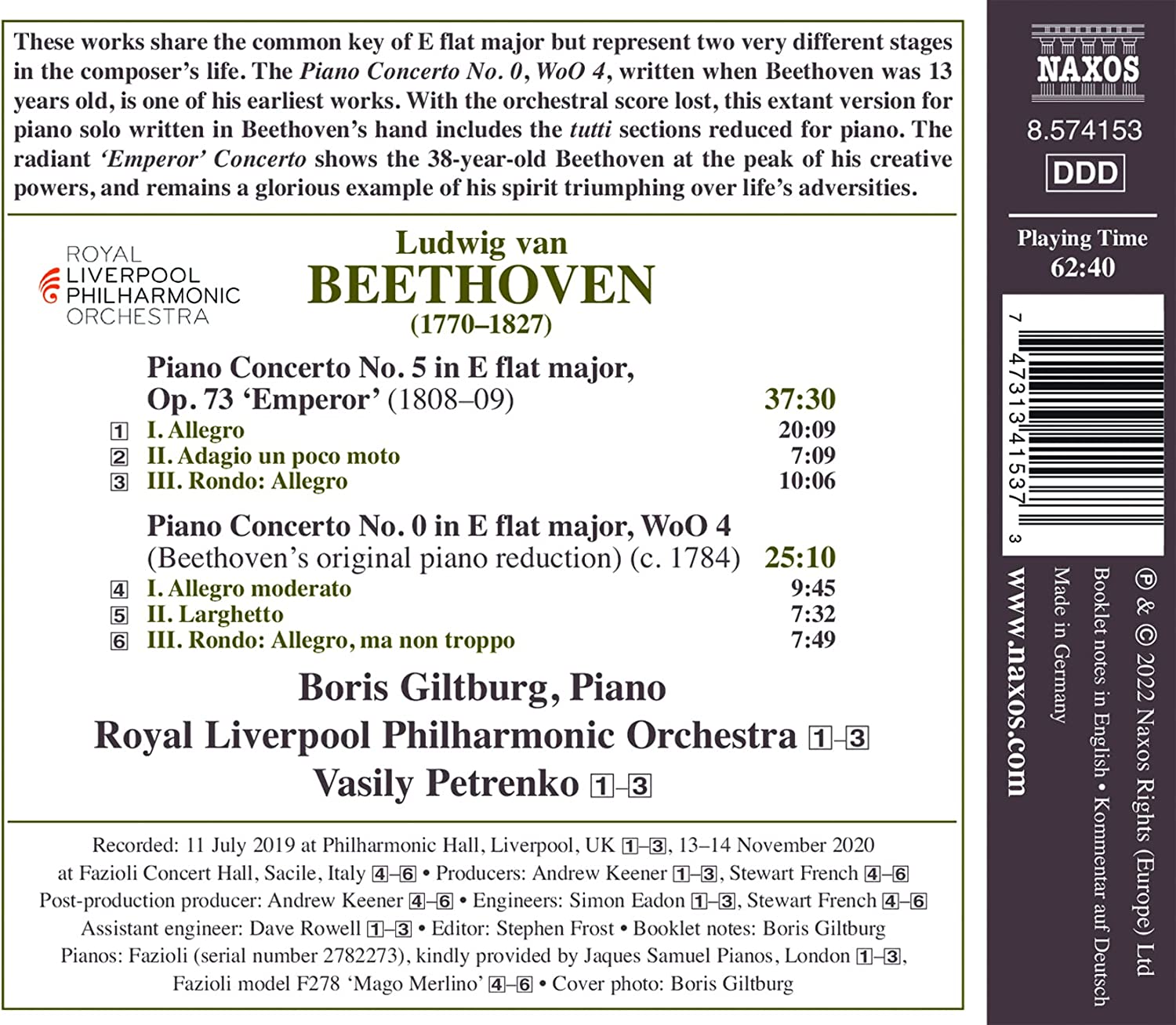 Beethoven: Piano Concerto No. 5 \'Emperor\' / Piano Concerto No. 0, WoO 4 | Boris Giltburg, Vasily Petrenko, Royal Liverpool Philharmonic Orchestra