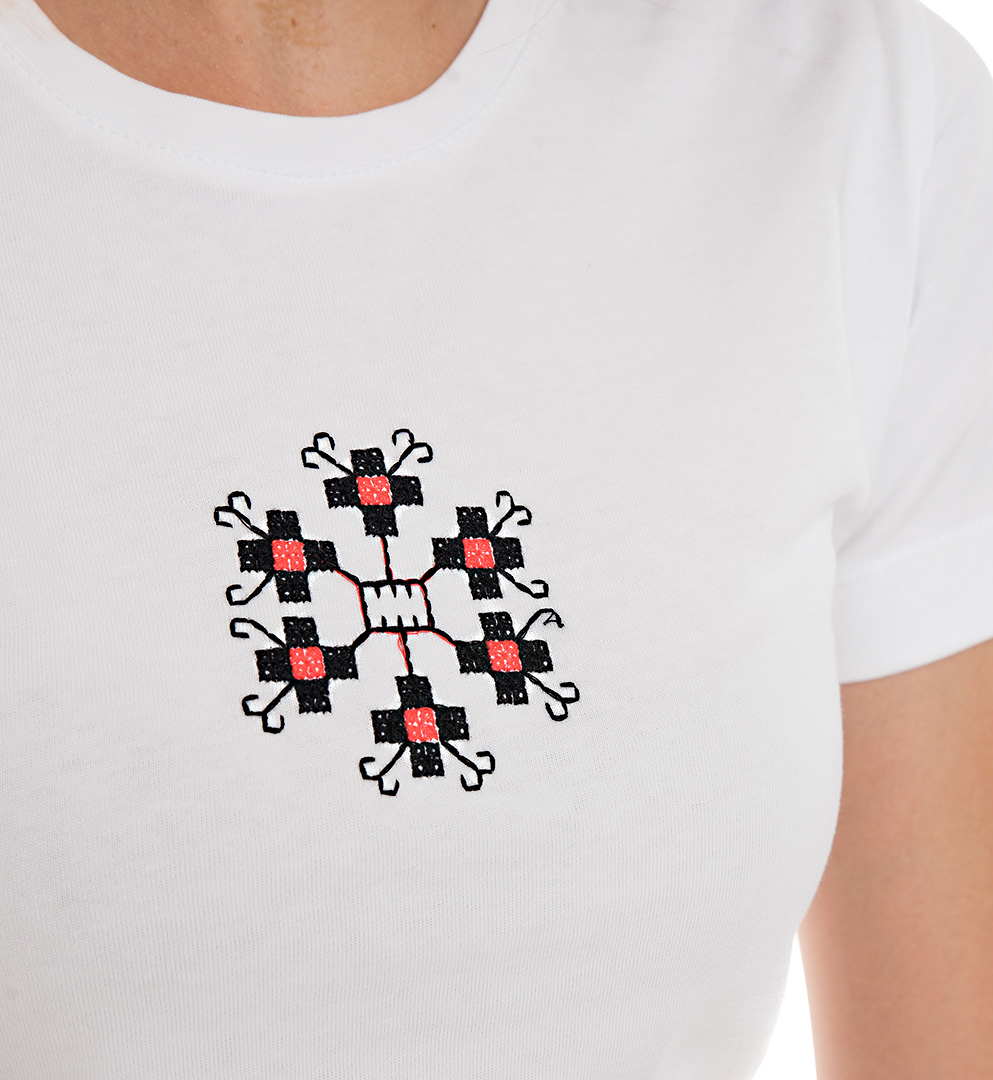 Tricou alb - Broderie fucsia neon si negru - Marimea L - Model 2 | The Dresser