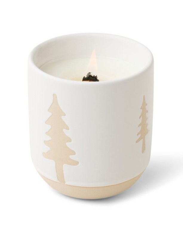 Lumanare parfumata - Cypress & Fir - White Glaze with Raw Ceramic Tree Pattern and Wooden Wick, 240g | Paddywax