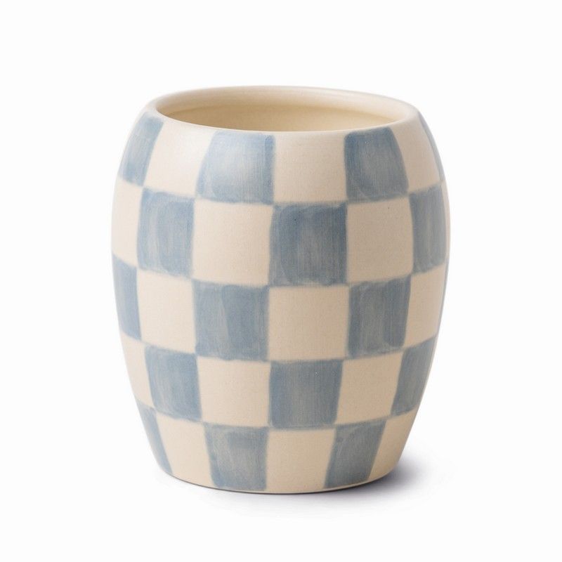 Lumanare parfumata - Checkmate - Light Blue Checkered Porcelain Vessel with Dustcover - Cotton and Teak, 311g | Paddywax