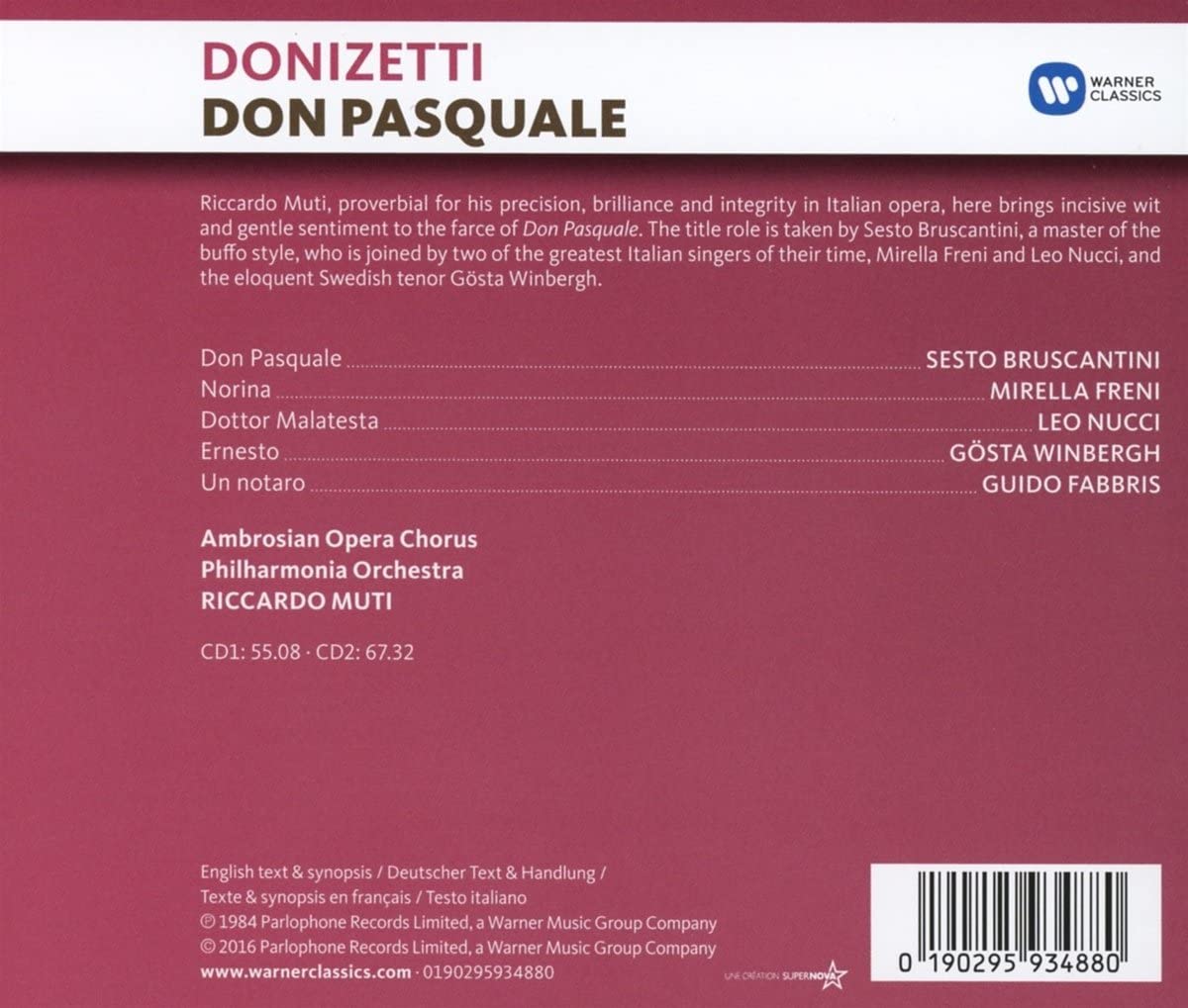 Donizetti: Don Pasquale | Mirella Freni, Sesto Bruscantini, Leo Nucci, Gosta Winbergh, Ambrosian Opera Chorus, Philharmonia Orchestra, Riccardo Muti