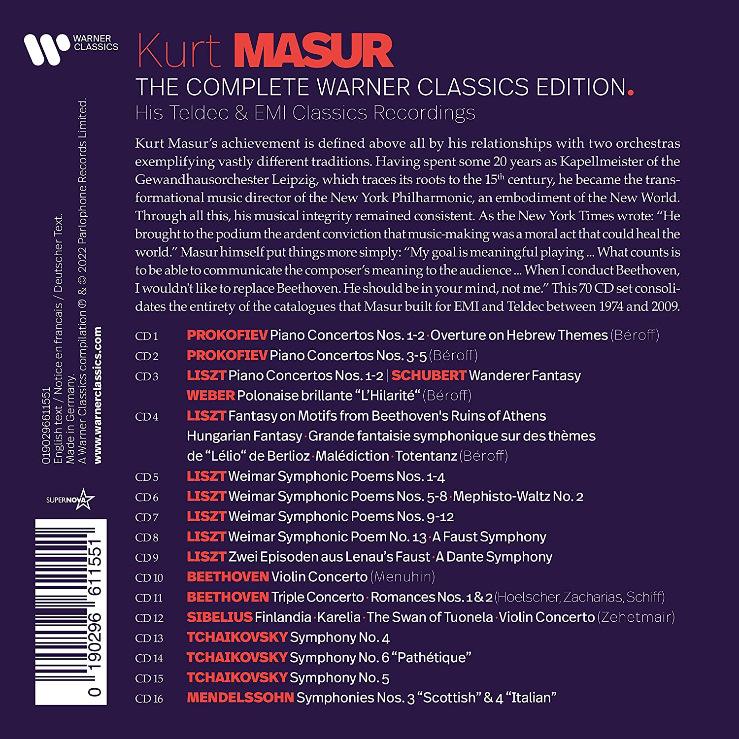 Kurt Masur: The Complete Warner Classics Edition | Kurt Masur, Various Composers