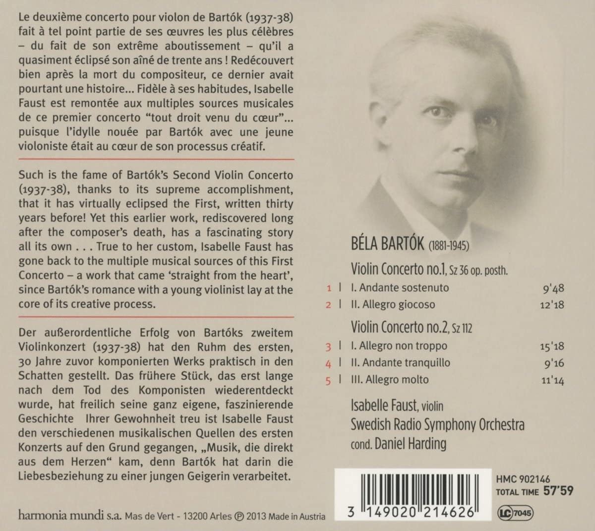 Bela Bartok: Violin Concertos Nos. 1 & 2 | Bela Bartok, Isabelle Faust, Daniel Harding