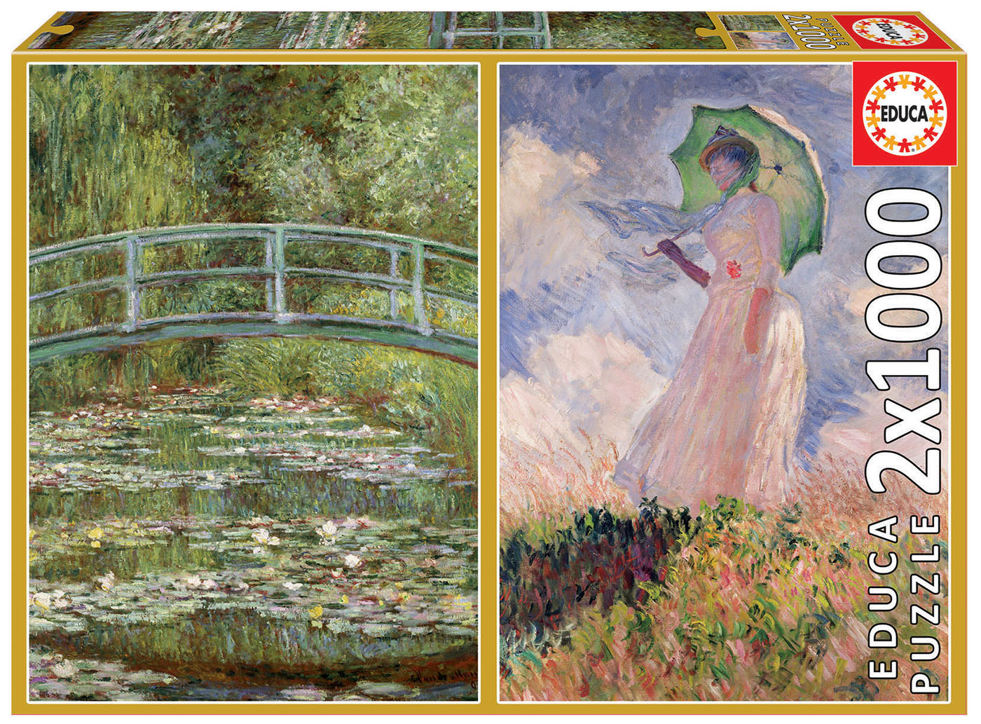 Puzzle 2x1000 piese - The Water-Lily Pond and Woman with Parasol Turned to the Left | Educa