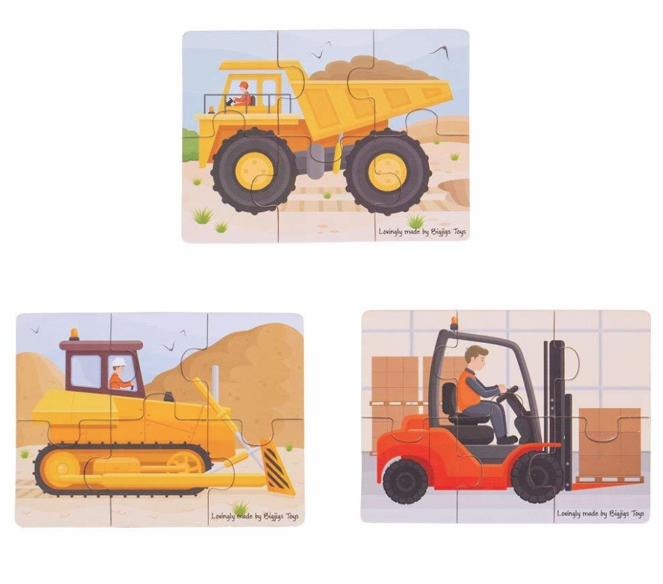 Puzzle - Set 3 puzzle din lemn, 18 piese - Vehicule pentru santier | Bigjigs Toys - 2