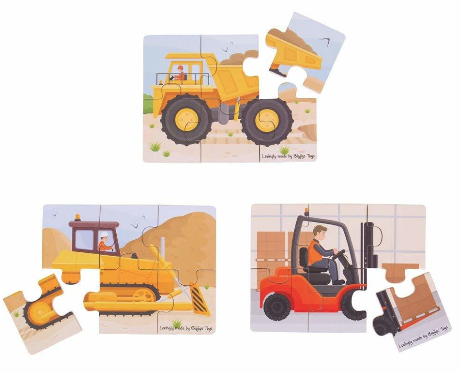 Puzzle - Set 3 puzzle din lemn, 18 piese - Vehicule pentru santier | Bigjigs Toys - 1