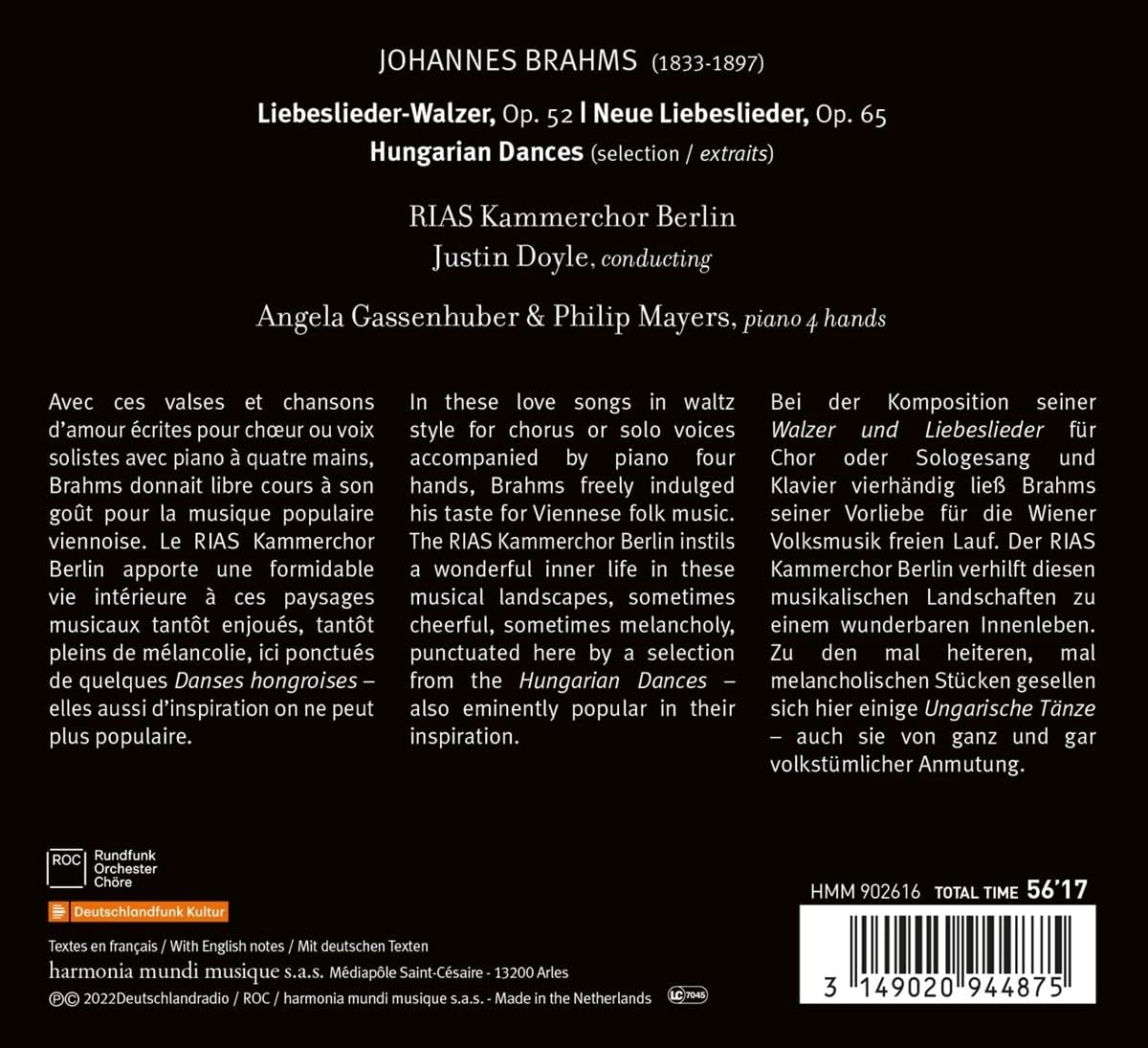 Brahms: Complete Liebeslieder Walzer, Op. 52 & 65, Hungarian Dances | RIAS Kammerchor, Justin Doyle, Angela Gassenhuber, Philip Mayers