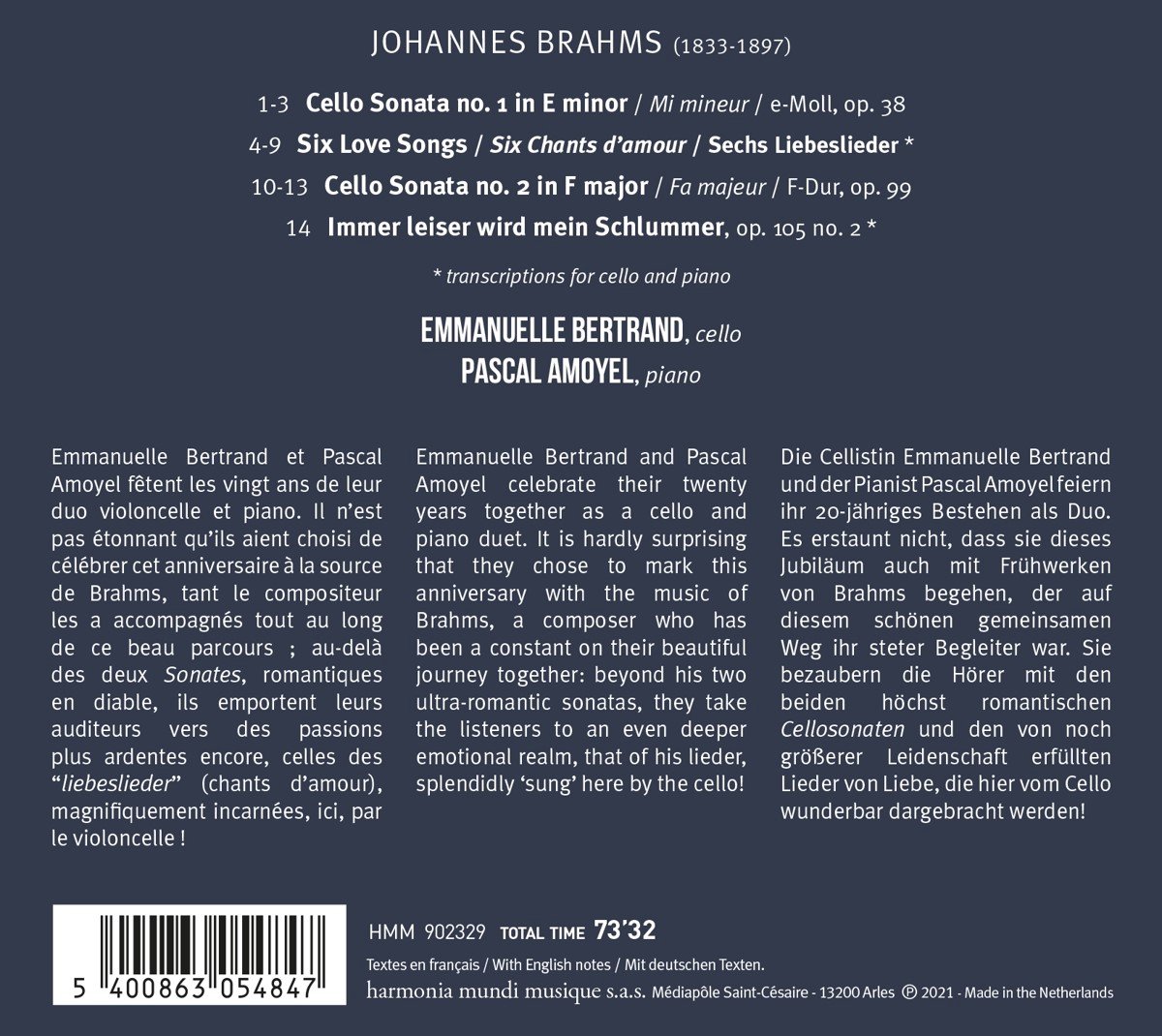 Brahms: Sonatas & Liebeslieder for Cello and Piano | Johannes Brahms, Emmanuelle Bertrand, Pascal Amoyel