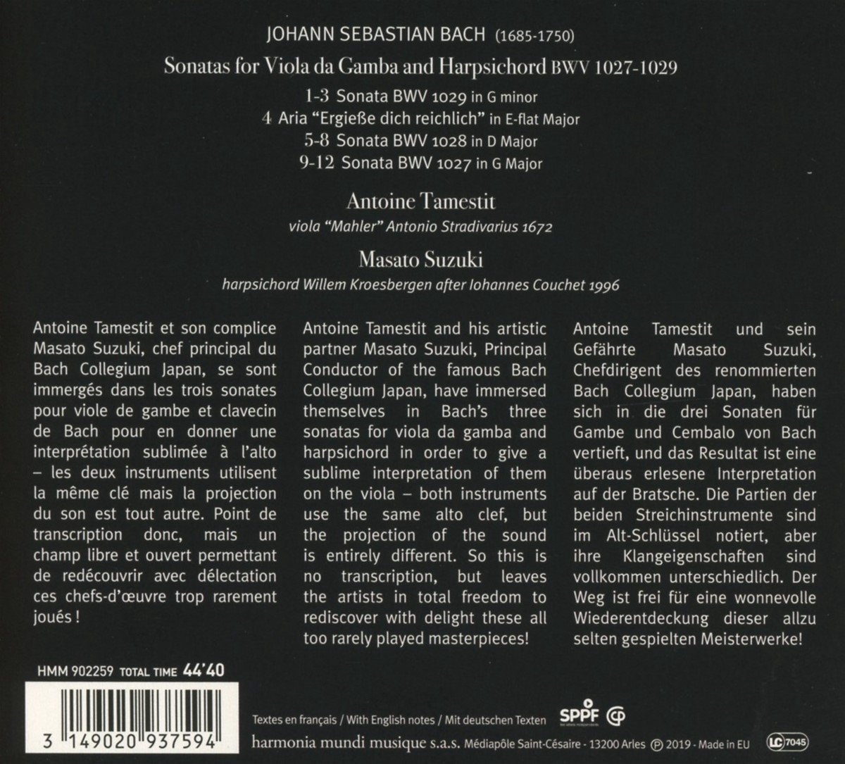 Bach: Sonatas for Viola da Gamba and Harpsichord | Antoine Tamestit, Masato Suzuki, Johann Sebastian Bach