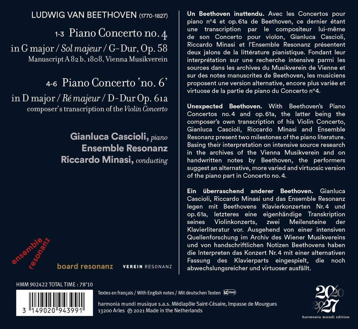 Beethoven: Piano Concertos Nos. 4 & 6 | Ludwig Van  Beethoven, Ensemble Resonanz, Riccardo Minasi