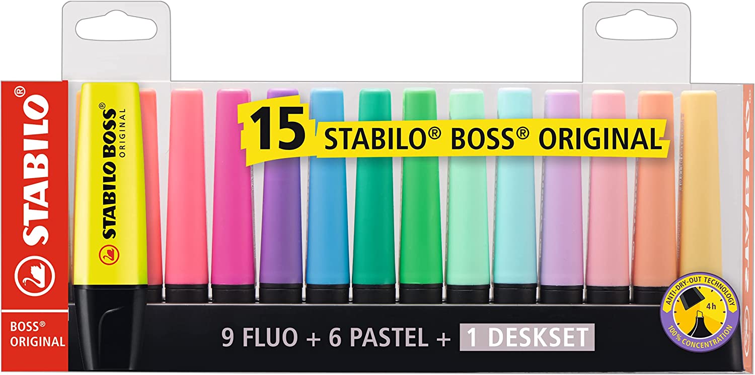 Set 15 markere evidentiatoare - Boss Original, 9 Fluo + 6 Pastel + 1 Deskset | Stabilo