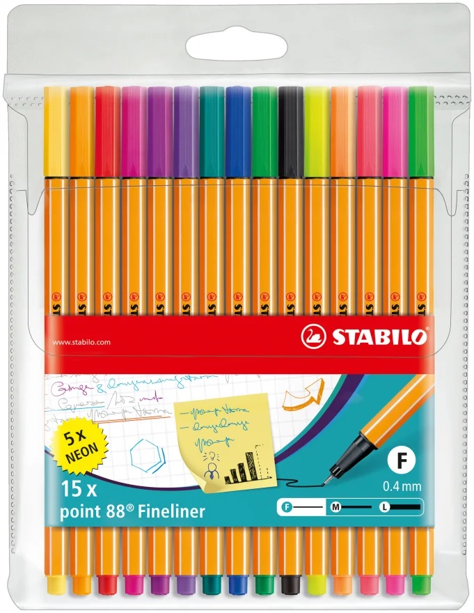 Set 15 linere - Fineliner Stabilo Point 88 0.4mm - 10 Standard + 5 Neon | Stabilo