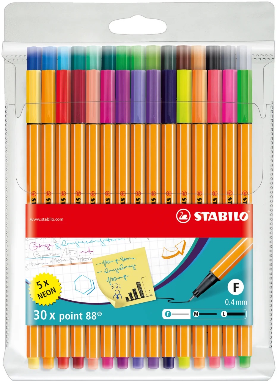 Set 30 linere - Fineliner Stabilo Point 88 0.4mm - 25 Standard + 5 Neon | Stabilo