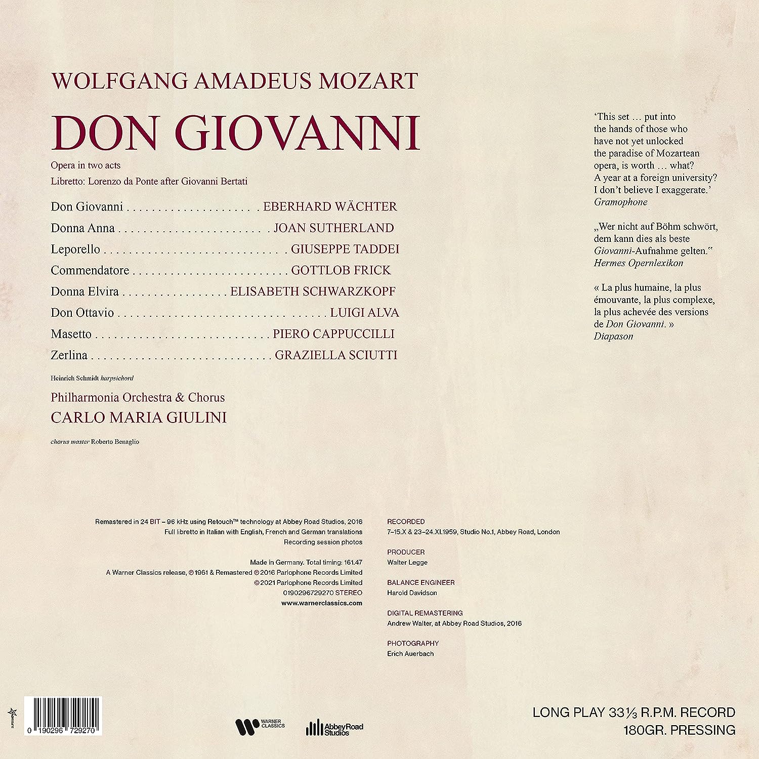 Mozart: Don Giovanni - Vinyl | Eberhard Wachter, Joan Sutherland, Luigi Alva, Gottlob Frick, Philharmonia Orchestra, Carlo Maria Giulini