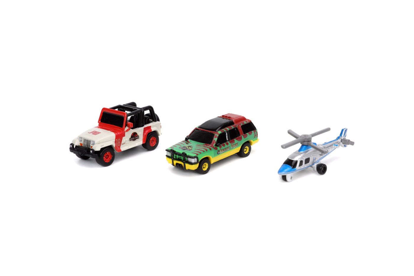 Set Masini metalice - Jurassic - Ford Explorer, Jeep Wrangler, Helikopter | Jada Toys - 6
