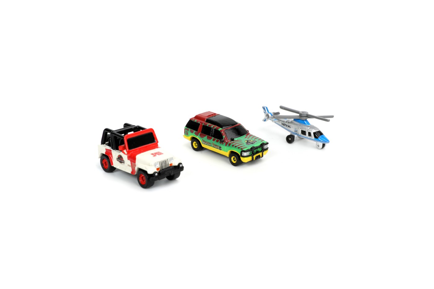 Set Masini metalice - Jurassic - Ford Explorer, Jeep Wrangler, Helikopter | Jada Toys - 5