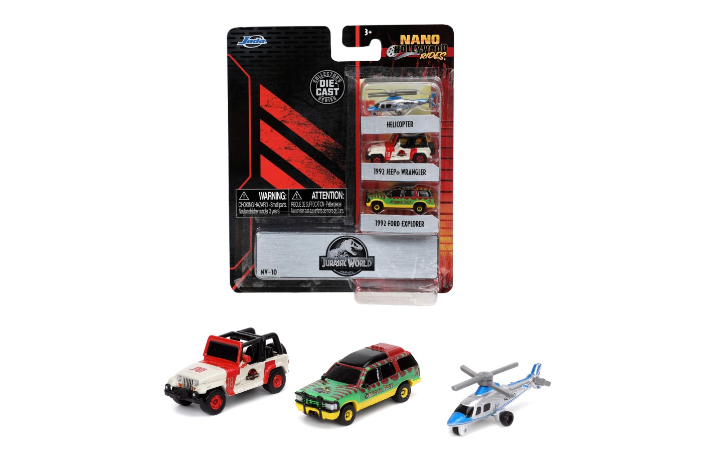 Set Masini metalice - Jurassic - Ford Explorer, Jeep Wrangler, Helikopter | Jada Toys - 2