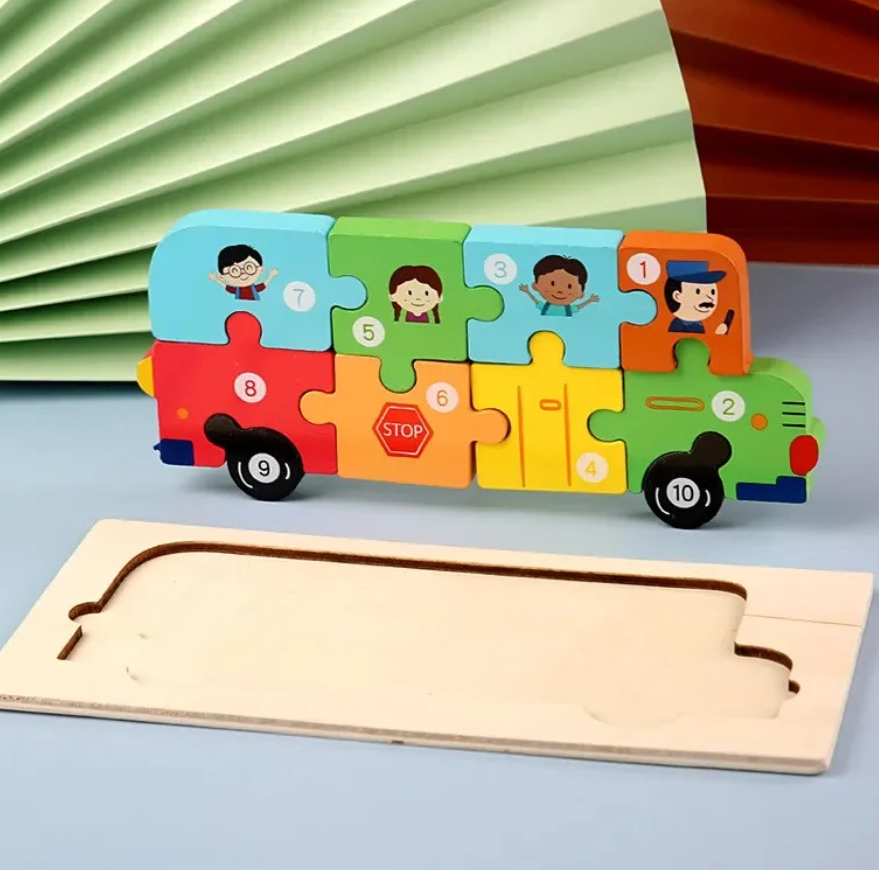 Puzzle din lemn - Autobuzul scolar - 10 piese | 838 Toys Factory