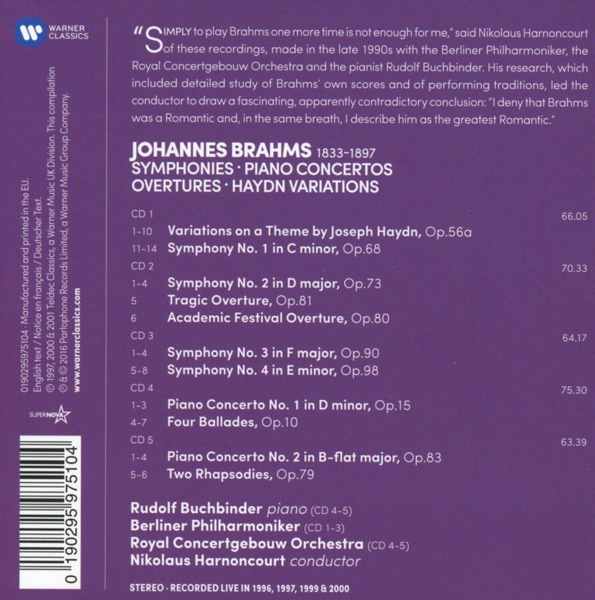Brahms: Symphonies, Overtures; Haydn Variations & Piano Concertos (5CDs Box Set) | Nikolaus Harnoncourt, Rudolf Buchbinder