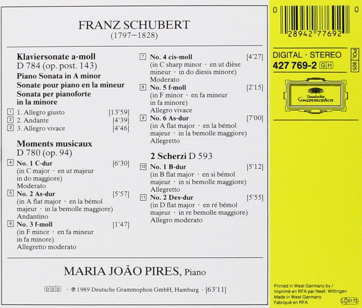 Schubert: Sonata D 784, 6 Moments Musicaux D 780, 2 Scherzi D 593 | Maria-Joao Pires