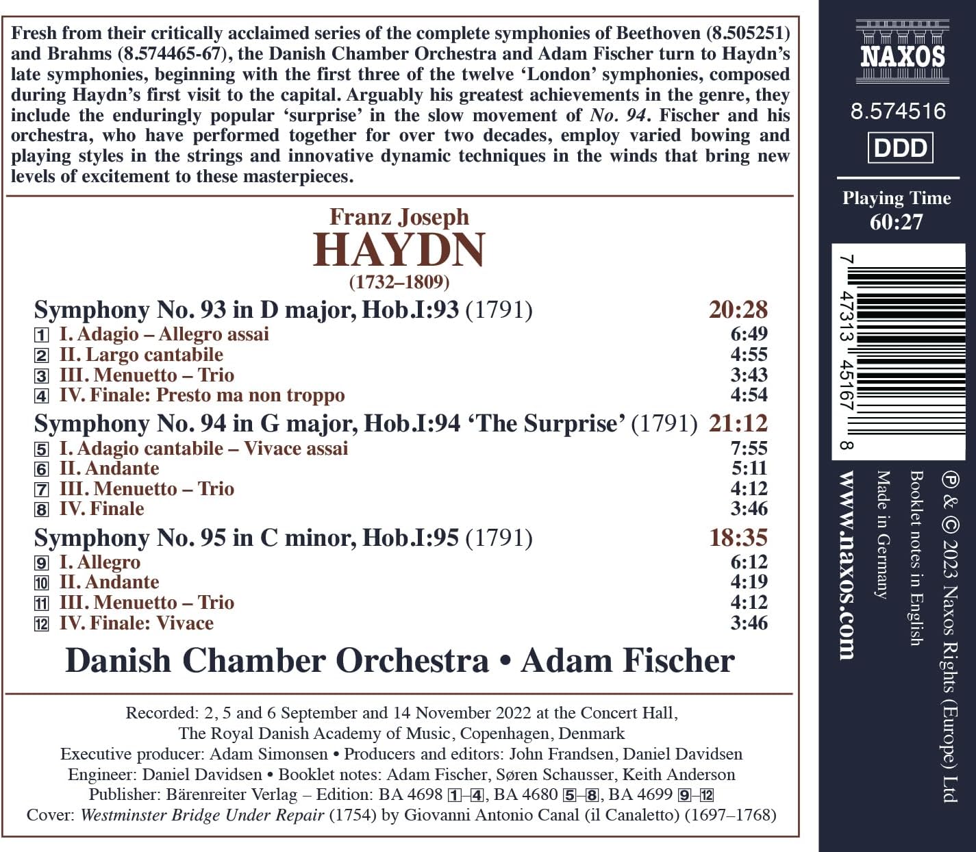 Haydn: Late Symphonies Nos. 93-95 - Vol. 1 | Danish Chamber Orchestra, Adam Fischer