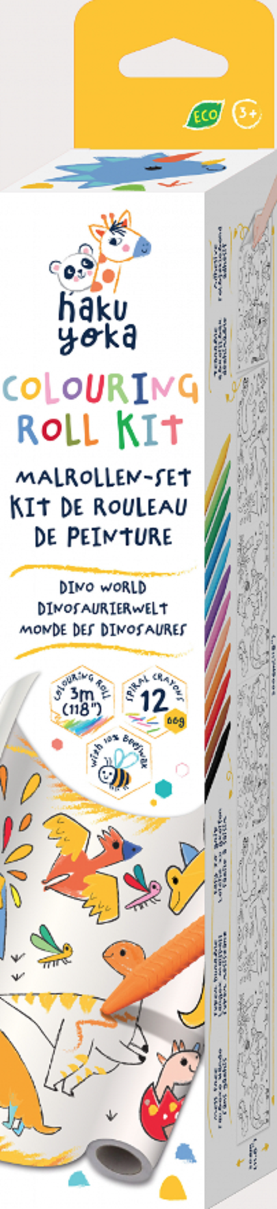 Kit rola de desenat 3 m si 12 creioane colorate cerate - Dinozauri | Haku Yoka - 2 | YEO