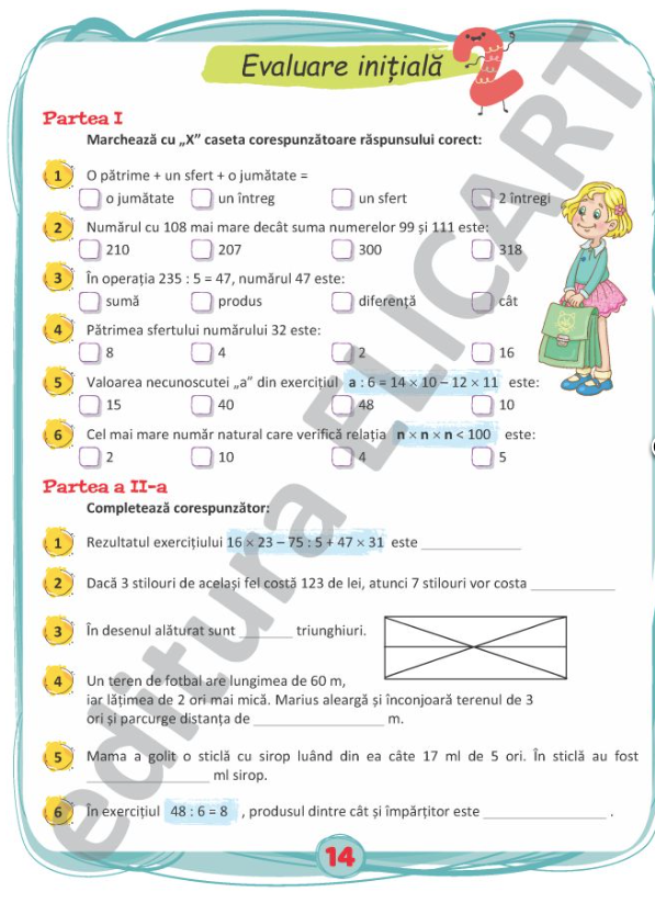 Evaluari initiale - Clasa a IV-a - Limba si literatura romana. Matematica | - 1 | YEO