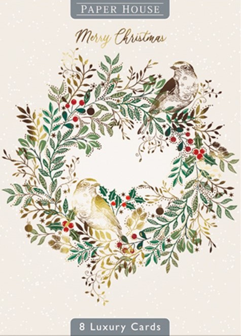Set 8 felicitari - Luxury Gold Robins On Wreath, doua modele | Great British Card Company