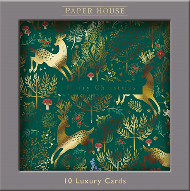 Set 10 felicitari - Gold Leaping Deer In Forest | Great British Card Company