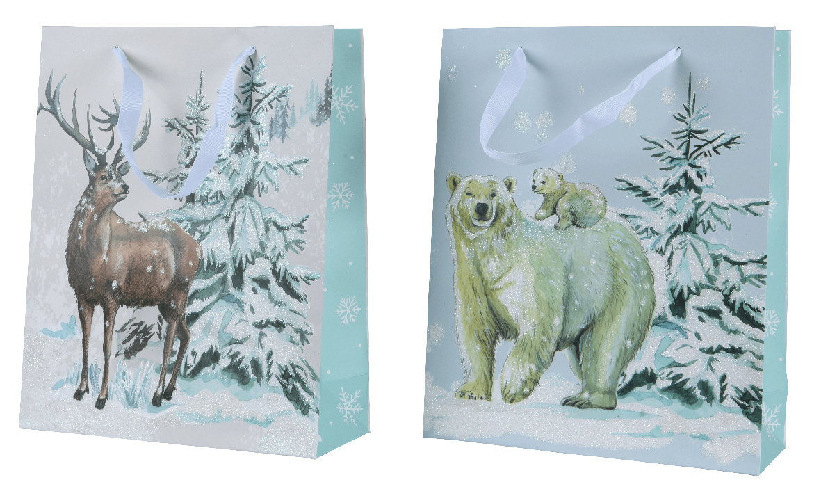 Punga de cadou - Rectangle Big - Glitter Deer, Polar Bear with Handle - White, doua modele
