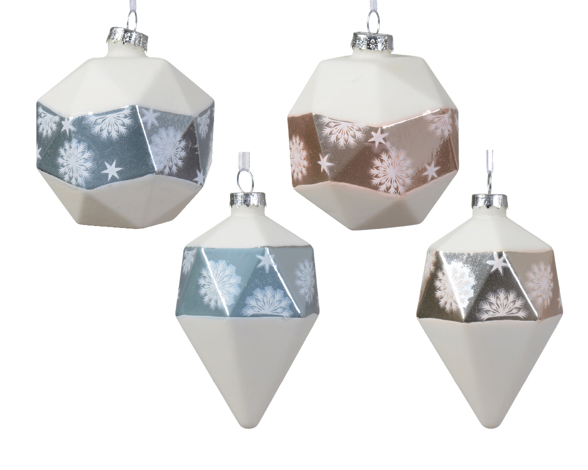 Ornament brad - Glass with Snowflake and Star in Middle - Winter White | Kaemingk