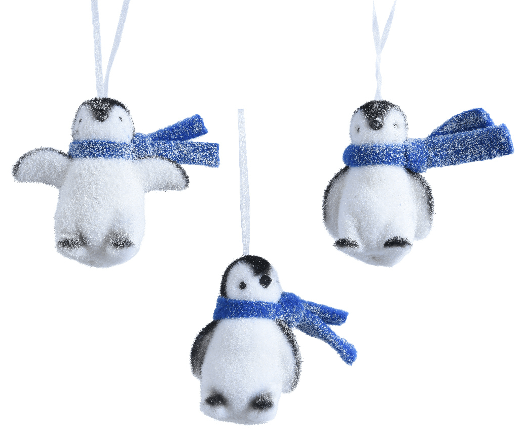 Ornament brad - Penguin Plastic Flock Glitter Scarf - White-Blue