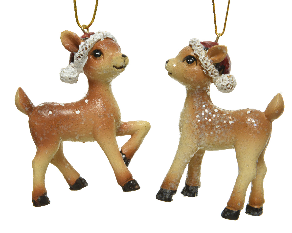 Ornament brad - Deer Polyresin Glitter with Santa Hat, Wreath - Brown, doua modele