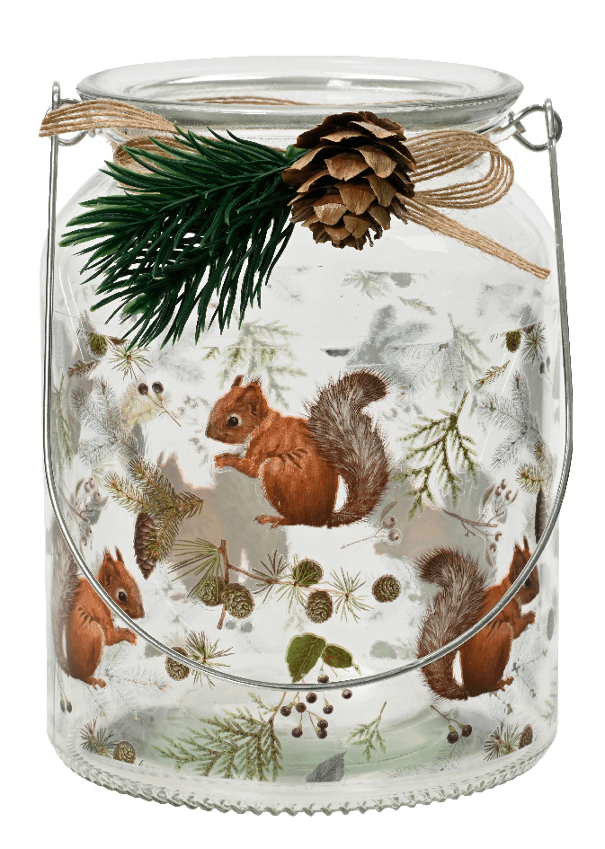 Suport lumanare - Glass Snow Finish - Frosted Lacquer Jute Ribbon - Squirrel | Kaemingk