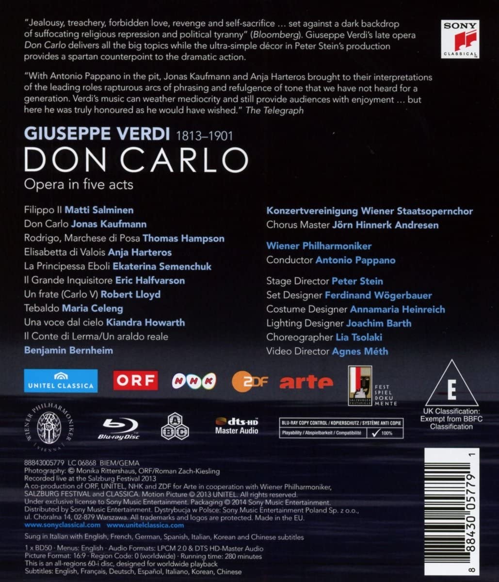 Verdi: Don Carlo - Salzburg Festival (Blu-Ray Disc) | Jonas Kaufmann, Anja Harteros, Antonion Pappano, Wiener Philharmoniker