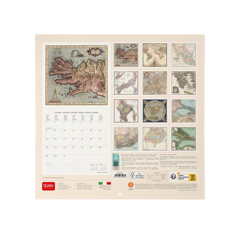 Calendar de perete 2024 - Vintage Maps, 30x29 cm | Legami