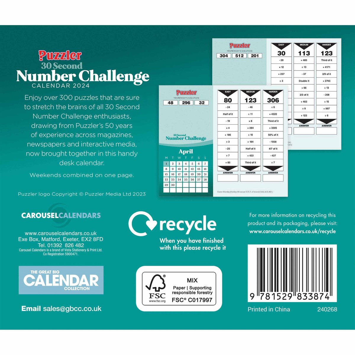 Calendar 2024 - 30 Second Number Challenge Puzzler | Carousel