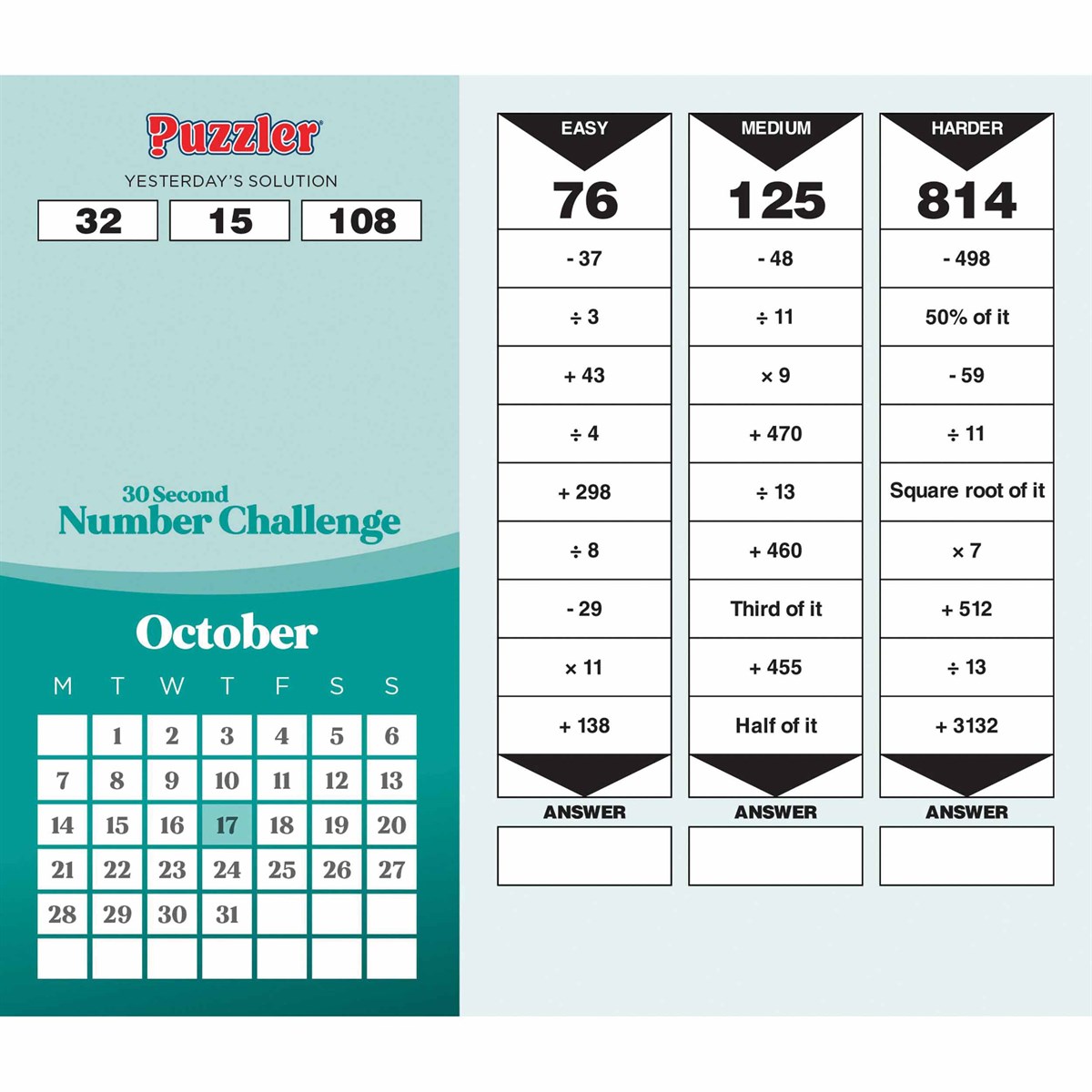 Calendar 2024 - 30 Second Number Challenge Puzzler | Carousel - 1 | YEO