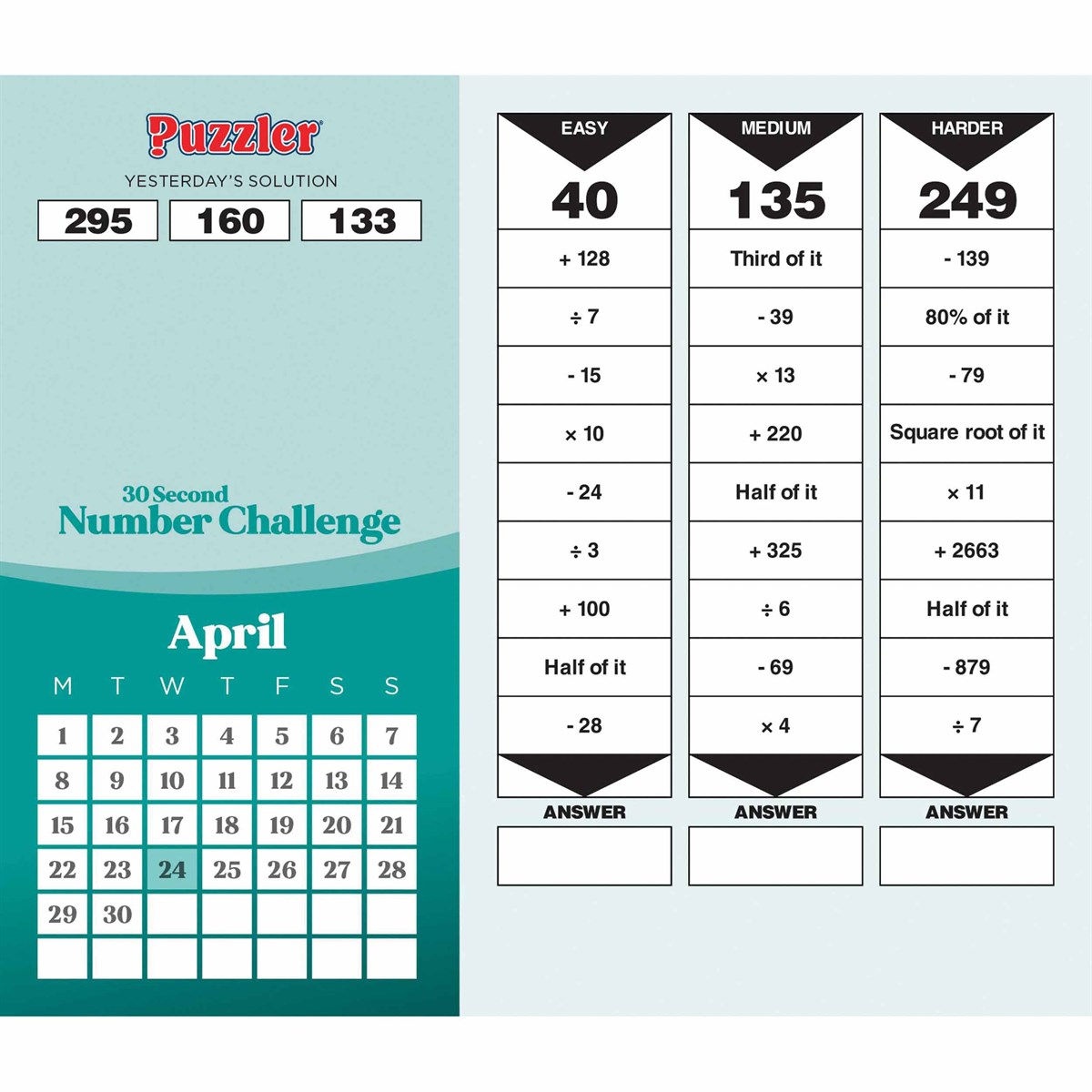 Calendar 2024 - 30 Second Number Challenge Puzzler | Carousel - 2 | YEO