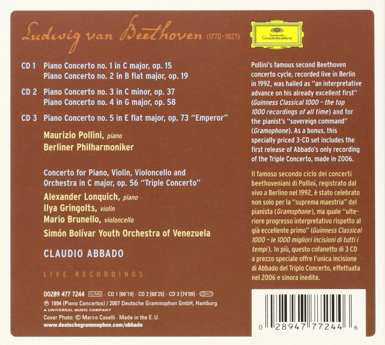 Beethoven - The Piano Concertos, Concerto for Piano, Violin & Cello op.56 | Maurizio Pollini , Alexander Lonquich , Ilya Gringolts , Mario Brunello , Berliner Philharmoniker, Simon Bolívar Youth Orchestra of Venezuela , Claudio Abbado - 1 | YEO