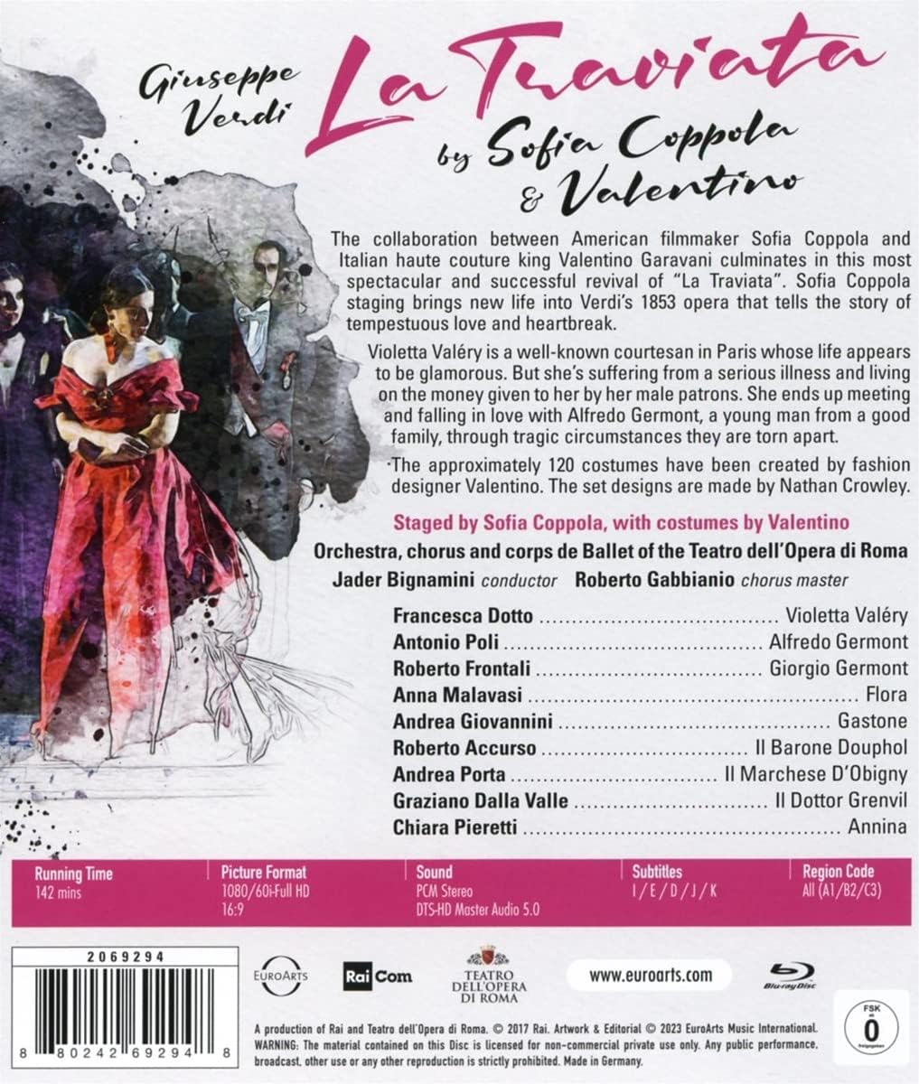 Verdi: La Traviata (Blu-ray Disc) | Francesca Dotto, Antonio Poli, Roberto Frontali, Anna Malavasi, Andrea Giovannini, Coro del Teatro dell’Opera di Roma, Orchestra del Teatro dell’Opera di Roma, Jader Bignamini