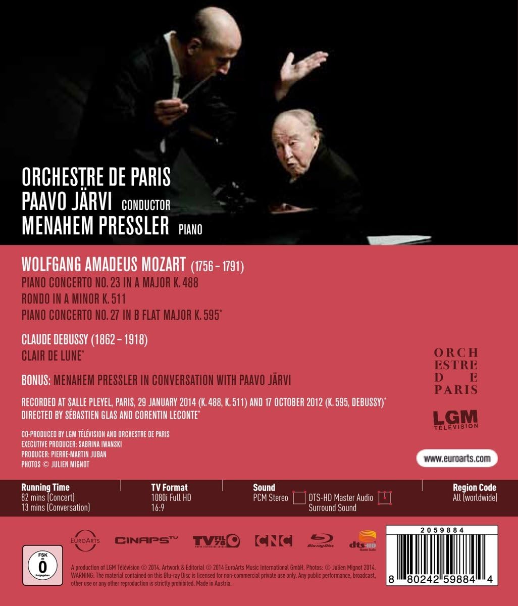 Mozart: Piano Concertos Nos. 23 & 27 / Debussy: Clair de Lune (Blu-ray Disc) | Menahem Pressler, Paavo Jarvi, Orchestre de Paris