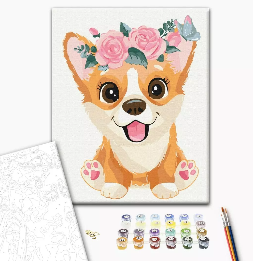 Set pictura pe numere - Corgi in a wreath, 40x50 cm | Brushme