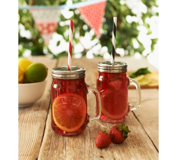 Set de 2 borcane cu maner, 2 capace si 4 paie - 400 ml | Kilner