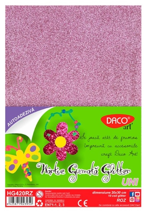 Set 10 coli hartie gumata glitter - Roz | Daco