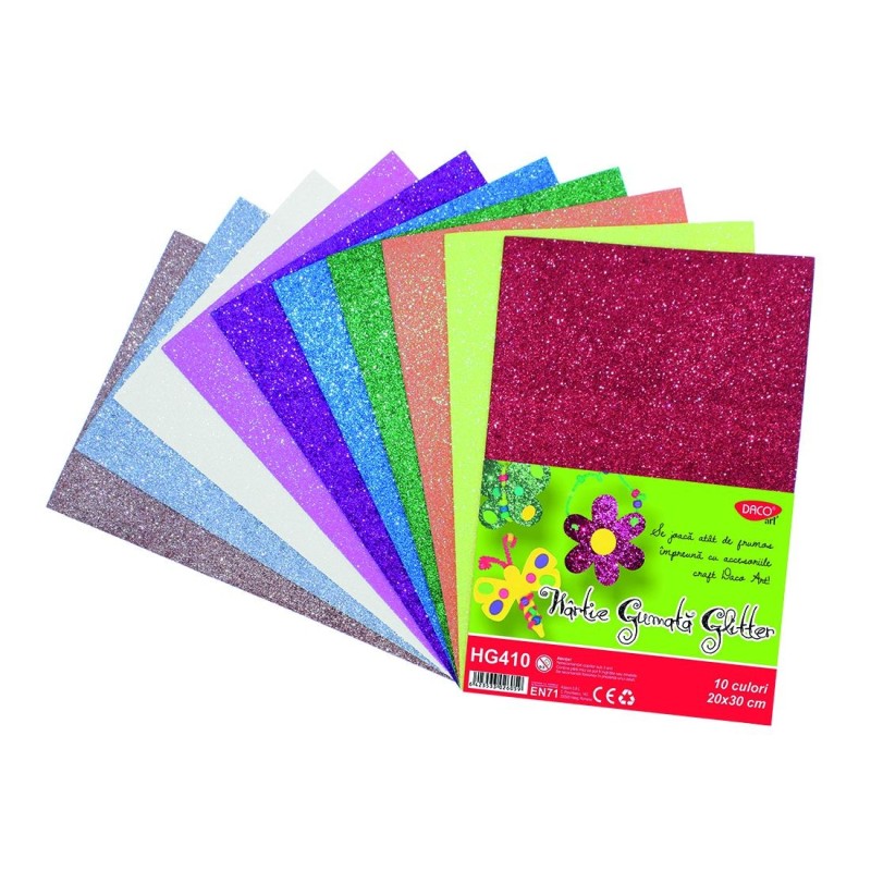 Set 10 coli hartie gumata glitter - Multicolor | Daco