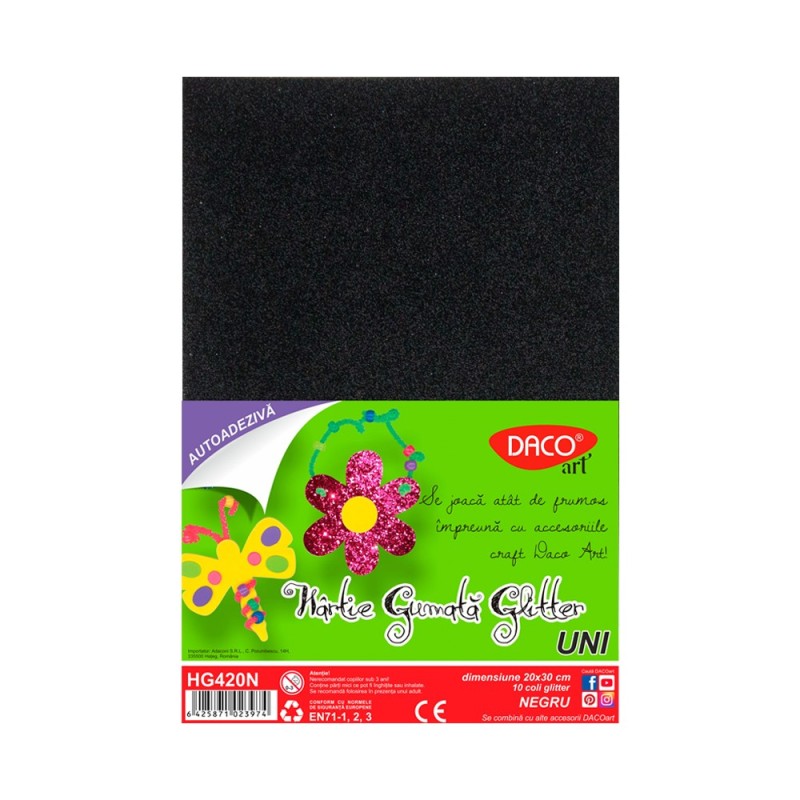 Set 10 coli hartie gumata autoadeziva glitter - Negru |