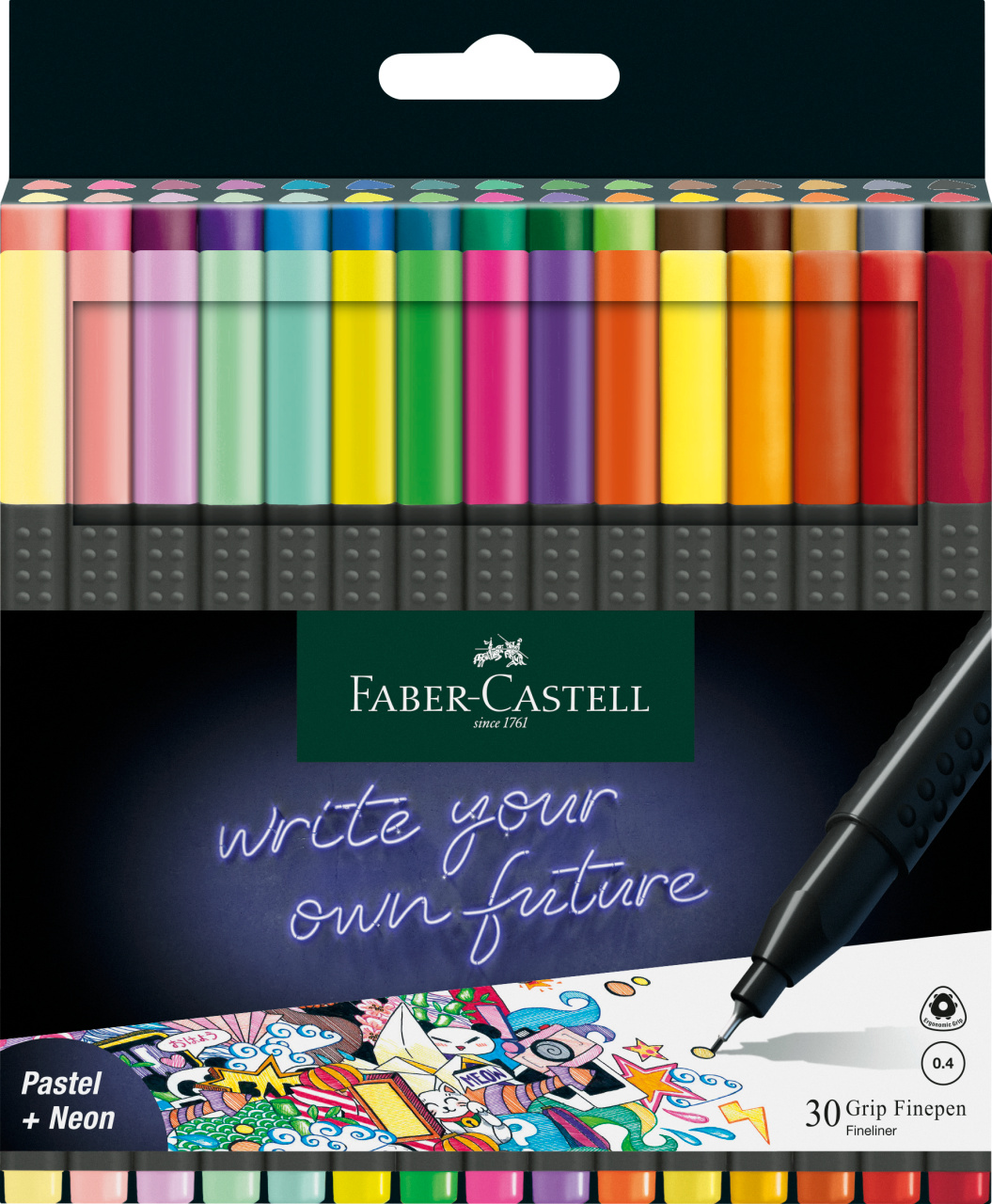 Set 30 linere - Grip 0.4mm - Pastel + Neon | Faber-Castell - 1 | YEO