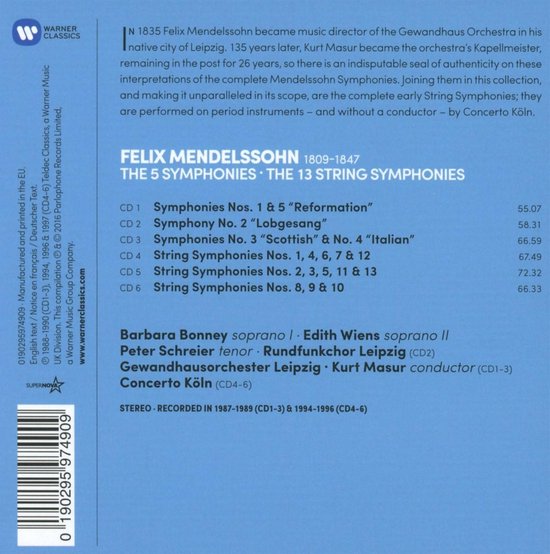 Mendelssohn: The 5 Symphonies. The 13 String Symphonies | Felix Mendelssohn-Bartholdy, Kurt Masur, Concerto Koln