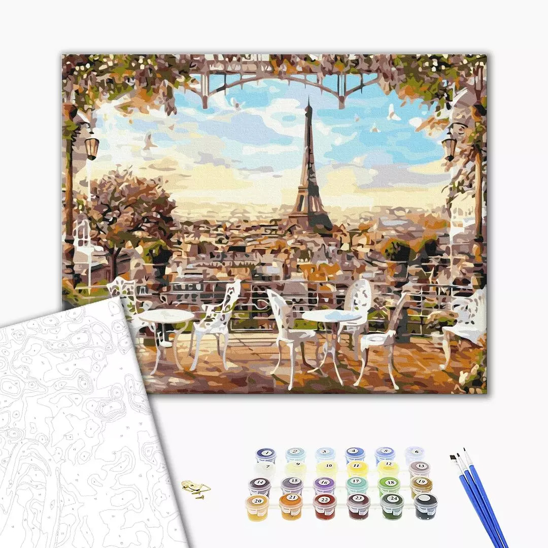 Pictura pe numere - Cafenea cu vedere la Turnul Eiffel, 50x40 cm | Brushme